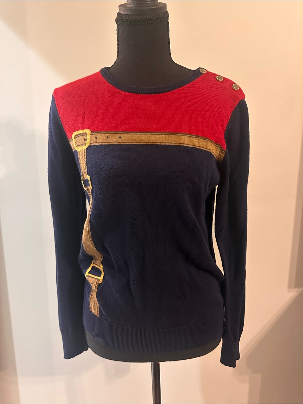Lauren Ralph Lauren Women's Equestrian-Print Sweater Navy Blue Sz Small